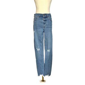 H&M Women's‎ Blue Distressed Straight-Leg Jeans - Size 6, High Rise, Raw Hem